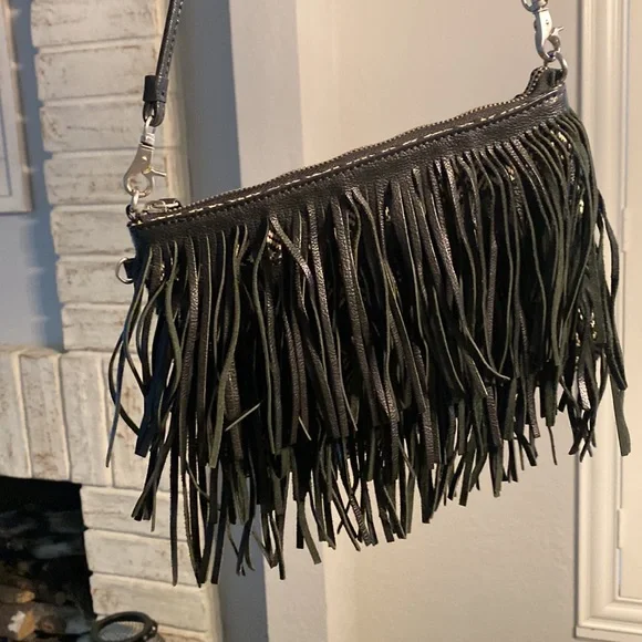 Sam Edelman Handbag / Black Leather Fringe w/ Back Black and Ivory Fabric Purse - Picture 3 of 4